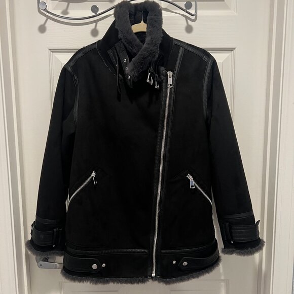 Zara Faux Suede/Sherpa Lined Biker Jacket Women in Black - Picture 2 of 5